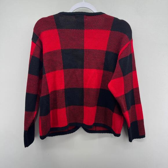 Vintage Tally-Ho‎ Red Black Plaid Knitted Cardigan Sweater Carriage Horse Button - Picture 2 of 6